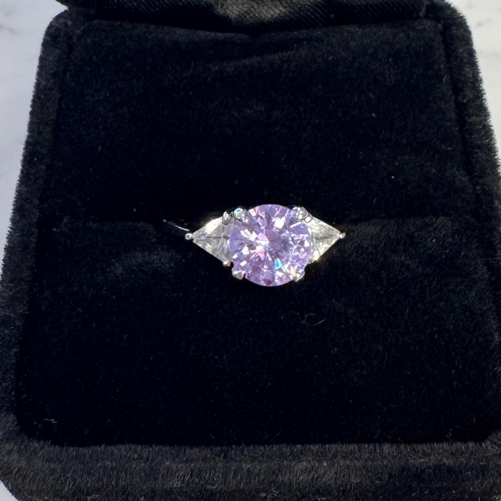 Lavender brilliant cut cubic zirconia with 2 clear CZ marked 925 RSC silver ring